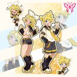 1boy 1girl ass bass_clef belt black_leg_warmers black_sailor_collar blonde_hair blue_eyes bow brother_and_sister chibi closed_eyes detached_sleeves different_zoom_layer fer_ikari full_body grin hair_bow hair_ornament hairclip headphones headset highres holding holding_microphone kagamine_len kagamine_rin leg_warmers looking_at_viewer microphone neckerchief necktie one_eye_closed parallel_hairclips ponytail sailor_collar shirt shoes short_hair short_ponytail siblings sleeveless sleeveless_shirt smile teeth tongue tongue_out treble_clef upper_teeth_only v vocaloid white_bow white_shirt white_shoes yellow_belt yellow_neckerchief yellow_necktie yellow_trim zoom_layer 