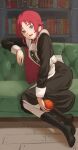  1girl aisha_greyrat ankle_boots apple apron ascot black_boots black_dress bookshelf boots commentary couch dress food fruit full_body green_eyes highres holding holding_food holding_fruit indoors kurogoma183 long_dress long_hair long_sleeves looking_at_viewer maid maid_apron mushoku_tensei on_couch open_mouth pantyhose parted_bangs red_hair solo white_apron white_ascot white_pantyhose wooden_floor 