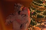  2019 anthro black_body black_fur blue_eyes christmas christmas_tree closed_smile dated duo equid equine eye_contact famir_(artist) front_view fur holidays looking_at_another male male/male mammal mouth_closed muscular muscular_anthro muscular_male nude pecs pink_body pink_fur plant side_view signature standing striped_arms tree white_body white_fur zebra 