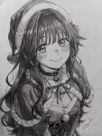  1girl alternate_costume bell belt_collar breasts capelet cleavage closed_mouth collar commentary cowboy_shot dress from_above fur-trimmed_capelet fur_trim graphite_(medium) greyscale hat highres kaoru_hana_wa_rin_to_saku large_breasts leizyart long_hair long_sleeves looking_at_viewer looking_up monochrome ribbon santa_costume santa_hat signature smile solo traditional_media waguri_kaoruko wispy_bangs 