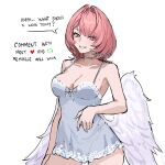  1girl alternate_costume babydoll blue_babydoll breasts bunnyoki cleavage commentary english_text feathered_wings hair_intakes highres large_breasts like_and_retweet looking_at_viewer medium_hair pink_hair purple_eyes remielle_dan revision simple_background smile solo white_background white_wings wings zenless_zone_zero 