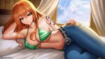  1girl belt belt_buckle bikini bikini_top_only blue_pants blue_sky breasts brown_eyes buckle cleavage cloud cloudy_sky collarbone commentary curtains denim elbow_rest feet_out_of_frame green_bikini halterneck hand_on_own_hip highres indoors jeans large_breasts long_hair looking_at_viewer lying nami_(one_piece) navel on_bed on_side one_piece orange_hair pants parted_lips pillow rayleigh_scale shoulder_tattoo sidelocks sky solo stomach swimsuit tattoo untranslatable_commentary window 