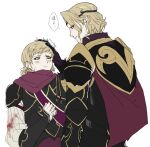  2boys armor black_armor blonde_hair blood blood_on_clothes cape circlet closed_mouth commentary_request father_and_child father_and_son fire_emblem fire_emblem_fates gold_trim headpat highres looking_at_another multiple_boys parent_and_child purple_cape saki_ttx siegbert_(fire_emblem) simple_background upper_body white_background xander_(fire_emblem) 