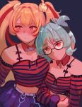  2girls absurdres bare_shoulders black-framed_eyewear black_shirt blonde_hair blue_background blue_skirt blush claret_flint closed_mouth collar collarbone commentary detached_collar english_commentary glasses green_hair hair_ornament hair_ribbon highres long_hair looking_at_viewer looking_to_the_side multiple_girls mxriugu pointy_ears red_collar red_eyes red_ribbon red_shirt ribbon roxy_ifrita_pryce shirt skirt sphere_hair_ornament striped_clothes striped_shirt twintails two-tone_shirt zenless_zone_zero 