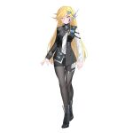  1girl absurdres alternate_costume asymmetrical_legwear asymmetrical_sleeves azure_striker_gunvolt belt blade_(gunvolt) blonde_hair blue_eyes boots breasts commission commissioner_upload dress_shirt eyelashes full_body gunvolt_chronicles_luminous_avenger_ix hair_ornament high_heel_boots high_heels highres long_bangs long_hair looking_at_viewer mechanical_ears medium_breasts non-web_source pantyhose rhan shirt skirt sleeve_cuffs suit swept_bangs transparent_background 