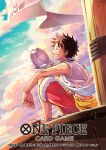  1boy clenched_teeth commentary_request copyright_name hat holding holding_unworn_clothes holding_unworn_hat looking_up male_focus monkey_d._luffy official_art one_piece one_piece_card_game red_shorts sakiko_(oxab_b) sandals sash shirt shorts sitting sleeveless sleeveless_shirt smile solo sunset teeth unworn_hat unworn_headwear yellow_sash 