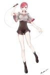  1girl black_boots black_shorts boots c2_v cherry_(cytus) commentary_request cytus cytus_ii full_body grey_shirt high-waist_shorts highres holding holding_microphone hood hood_down hooded_shirt korean_commentary microphone open_mouth pink_hair red_eyes red_trim shirt short_hair short_sleeves shorts signature simple_background smile solo white_background wide_sleeves 