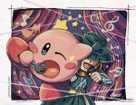  1girl absurdres blush_stickers brown_hair commentary_request crystal_shards dress green_dress green_hat hat hat_over_eyes highres holding holding_microphone kirby kirby_(series) kirby_and_the_forgotten_land mico_(djpv7877) microphone musical_note neichel_(kirby) one_eye_closed open_mouth signature singing star-crossed_world star_(symbol) 