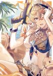  1girl absurdres artist_name bikini black_shorts breasts brown_hair commentary eviloped eyewear_on_head gloves grey_eyes gun hair_intakes hat highres holding holding_gun holding_weapon honkai_(series) honkai_impact_3rd large_breasts looking_at_viewer medium_hair multicolored_bikini multicolored_hair navel official_alternate_costume open_mouth orange_hair pirate_hat short_shorts shorts single_glove solo stomach streaked_hair swimsuit two-tone_bikini vill-v vill-v_(i'm_the_storm) weapon white_gloves 