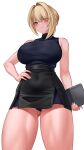  1girl bare_shoulders black_skirt blonde_hair blue_shirt breasts covered_navel evelyn_chevalier hair_intakes highres large_breasts looking_at_viewer office_lady purple_eyes shirt short_hair skirt sleeveless sleeveless_shirt solo thick_thighs thighs xynian_arts zenless_zone_zero 
