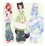  3girls 3znk :d :p alternate_costume ange_katrina animal_ears baggy_pants black_pants blue_dress blue_eyes blue_hair blue_nails blush border bracelet brown_hair brown_tail colored_inner_hair commentary denim dog_ears dog_girl dog_tail dress frilled_dress frills full_body gem green_background green_dress green_nails grid_background hair_intakes hair_ornament hairclip hand_on_headwear hand_up hand_warmer headscarf heterochromia highres holding_own_dress inui_toko jacket jeans jewelry layered_dress lize_helesta long_dress long_hair looking_at_viewer medium_hair mori_kei multicolored_hair multiple_girls nail_polish necklace nijisanji open_mouth outside_border own_hands_together pants pants_under_dress pendant purple_eyes red_eyes red_gem red_hair red_nails red_ribbon red_shirt red_shoes ribbon sanbaka_(nijisanji) see-through_clothes see-through_dress shirt shoes short-sleeved_jacket short_sleeves short_twintails sleeveless sleeveless_dress smile sneakers tail tongue tongue_out torn_clothes torn_jeans torn_pants turtleneck twintails virtual_youtuber white_background white_border white_dress white_hair white_headscarf white_shoes yellow_dress yellow_eyes 