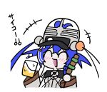  +++ 1girl ^_^ ahoge alcohol beer blue_hair blush chibi closed_eyes commentary cup duel_monster hat holding holding_skewer kewl_tune_cue mori_hayaki multicolored_hair see-through_hat shako_cap skewer smile solo two-tone_hair untranslatable_commentary upper_body white_background white_hair yu-gi-oh! 