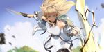  1girl animal_ears arknights arknights:_endfield bird_ears bird_girl black_gloves blonde_hair blue_eyes breasts commentary dress english_commentary gloves highres holding holding_wand jacket long_hair medium_breasts multicolored_gloves outdoors perlica_(arknights) solo two-sided_gloves two-tone_gloves vinoillust wand white_dress white_jacket yellow_gloves 