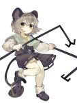  1girl animal_ears basket black_shoes black_skirt black_vest capelet commentary dowsing_rod dual_wielding full_body grey_capelet grey_hair highres holding holding_with_tail jewelry looking_at_viewer mouse_(animal) mouse_ears mouse_girl mouse_tail nazrin necklace pendant prehensile_tail red_eyes sayoko404 shirt shoes simple_background skirt socks solo tail touhou vest white_background white_shirt white_socks 