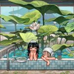  2girls absurdres bath bath_stool bathhouse bathing bathroom bathtub black_hair blonde_hair blush closed_eyes commentary head_down highres lily_pad mountain multiple_girls myango_(applemangocrape) onsen original partially_submerged plant same-sex_bathing shared_bathing stool towel towel_on_head untranslatable_commentary washing_hair wet 