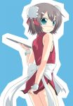  1boy :s arm_behind_back armpit_crease back_bow baka_to_test_to_shoukanjuu bare_shoulders black_trim blue_background blue_eyes blush bow bun_cover chinese_clothes closed_mouth commentary_request cowboy_shot crossdressing crossdressing_(mtf) double-parted_bangs dress dress_tug embarrassed from_behind grey_hair hair_ornament hairclip hand_up holding holding_tray kinoshita_hideyoshi looking_at_viewer looking_back male_focus medium_hair multiple_hairclips official_alternate_costume outline qipao red_dress red_ribbon ribbon ribbon-trimmed_headwear ribbon_trim short_dress side_slit simple_background solo sousa_(223) standing trap tray underbutt v-shaped_eyebrows waitress wavy_mouth white_outline white_wrist_cuffs wrist_cuffs 