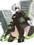  1girl 2b_(nier:automata) absurdres black_boots black_dress black_gloves black_thighhighs blindfold boots breasts building cleavage cleavage_cutout clothing_cutout commentary_request cropped_legs dress facing_to_the_side feather-trimmed_sleeves flower gloves grass grey_hair grn_tea_lat highres holding holding_sword holding_weapon leotard leotard_under_clothes medium_breasts mole mole_under_mouth nier:automata nier_(series) parted_lips puffy_sleeves ruins short_hair side_slit solo sword thigh_boots thighhighs thighhighs_under_boots thighs turtleneck turtleneck_dress twitter_username weapon white_flower white_leotard 