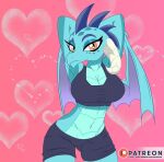  2019 anthro athletic athletic_anthro athletic_female blue_body blue_scales bottomwear bra breasts cleavage clothed clothing collarbone curved_horn digital_media_(artwork) dragon eyebrows female friendship_is_magic gym_bottomwear gym_clothing gym_shorts hands_behind_head hasbro horn midriff my_little_pony navel non-mammal_breasts patreon pink_background princess_ember_(mlp) pupils raydonxd scales scalie shorts simple_background slit_pupils spikes sports_bra underwear western_dragon wings 