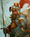  1boy armor artist_name beard boris_toddbringer chain commentary darkos_art empire_(warhammer_fantasy) english_commentary eyepatch facial_hair green_eyes helmet highres holding holding_shield holding_sword holding_weapon laurel_crown oil_painting_(medium) painting_(medium) pauldrons purity_seal red_tabard runes shield shoulder_armor solo sword tabard traditional_media upper_body warhammer_fantasy water weapon 