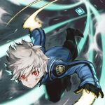  1boy black_boots black_gloves black_pants blue_jacket boots bright_pupils collared_jacket commentary_request cropped energy eyelashes full_body gloves grasshopper_(world_trigger) hair_between_eyes highres jacket jun_(navigavi) kuga_yuuma long_sleeves looking_at_viewer male_focus mikumo_squad's_uniform motion_blur motion_lines nose pants parted_lips red_eyes scorpion_(world_trigger) short_hair solo white_hair white_pupils world_trigger 
