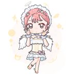  1girl angel angel_wings ankle_ribbon bare_arms bare_shoulders beads blush_stickers bonnet bow brown_eyes cat chibi chinese_commentary choker closed_mouth commentary_request eyelashes fake_halo fake_wings flower footwear_bow frilled_headwear frilled_shirt frilled_wrist_cuffs frills gilded_dreamsong_(infinity_nikki) grey_halo hair_beads hair_flower hair_ornament halftone halftone_background halo hands_on_own_cheeks hands_on_own_face happy heart heart_choker highres infinity_nikki leg_ribbon leg_up light_smile looking_at_viewer miniskirt momo_(nikki) nikki_(nikki) nikki_(series) pink_bow pink_flower pink_hair pleated_skirt ribbon ribbon-trimmed_shirt ribbon_trim shirt shoes short_hair skirt solo sparkle standing strapless strapless_shirt traditional_halo waist_bow white_background white_bonnet white_choker white_skirt white_wings white_wrist_cuffs winged_shoes wings wrist_cuffs yellow_flower yellow_ribbon yellow_shirt yellow_shoes yi_duoyin 