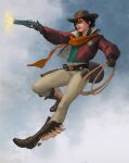  1girl absurdres bandolier belt blue_background blue_eyes blue_shirt boots brown_belt brown_boots brown_gloves brown_hat canteen cowboy_boots cowboy_hat cowgirl_(western) deadlock_(game) firing full_body fur-trimmed_jacket fur_trim gloves gun hair_between_eyes hat highres holding holding_gun holding_lasso holding_weapon holliday_(deadlock) jacket lasso muzzle_flash open_collar orange_scarf pants red_jacket revolver roman_antipev scarf sheriff_badge shirt short_hair smile solo spurs weapon white_background 