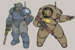  2others assault_rifle brotherhood_of_steel_paladin chibi chibi_only clenched_hand commentary enclave_(fallout) enclave_soldier energy_gun english_commentary ethossketches fallout gun helmet laser_rifle multiple_others ncr_trooper pointing power_armor_(fallout) rifle sig_sauer sig_sg550 simple_background weapon 