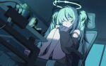  1girl absurdres aqua_eyes aqua_hair arm_tattoo arms_on_knees bare_legs bare_shoulders barefoot black_halo blue_halo book bookshelf chair commentary_request desk double_halo energy_drink expressionless from_below full_body hair_over_one_eye halo hatsune_miku highres hikikomori knees_up long_hair looking_at_object melancholy_mint_(vocaloid) messy_hair mishio_(misio_40) pale_skin plant potted_plant screen_light sweater tattoo twintails vocaloid window 