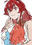  2girls ahoge baby black_hairband breasts carrying carrying_baby carrying_person christina_greyrat commentary_request eris_greyrat eris_greyrat_(adult) finger_to_cheek hairband highres long_hair mother_and_child mother_and_daughter multiple_girls mushoku_tensei nervous nervous_sweating olymtensei parent_and_child red_eyes red_hair shirt sleeveless sweat very_long_hair wavy_mouth white_shirt 