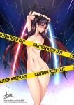  1girl adsouto armpits arms_behind_head arms_up artist_name bangs black_hair black_ribbon blue_eyes blush breasts caution_tape censored closed_mouth collarbone completely_nude dual_wielding embarrassed fate/grand_order fate_(series) feet_out_of_frame glowing glowing_sword glowing_weapon groin hair_ribbon highres holding holding_sword holding_weapon ishtar_(fate) keep_out looking_at_viewer medium_breasts navel nose_blush nude parted_bangs red_hair ribbon solo space_ishtar_(fate) standing stomach sword two_side_up v-shaped_eyebrows weapon web_address 