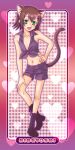  1boy :3 :d alternate_costume animal_ears baka_to_test_to_shoukanjuu ben-day_dots black_boots blush boots brown_hair brown_tail cat_boy cat_ears cat_tail character_name collarbone collared_shirt commentary_request contrapposto double-parted_bangs extra_ears figure_four_standing front-tie_top full_body green_eyes hair_ornament hairclip hand_on_own_hip hand_on_own_knee heart invisible_floor kemonomimi_mode kinoshita_hideyoshi knee_boots knees lace-up_boots looking_at_viewer male_focus medium_hair midriff multiple_hairclips navel open_mouth outline outside_border purple_outline purple_shirt purple_shorts rounded_corners sawarabi_hisoka screentones shirt short_shorts shorts sidelocks sleeveless sleeveless_shirt smile solo standing tail trap 