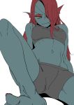  1girl absurdres barefoot blue_skin breasts colored_sclera colored_skin eyepatch eyeshadow fang fins head_fins highres linea_alba makeup nail_polish navel noah_(tettsui-sole) red_eyeshadow red_hair red_nails slit_pupils solo sports_bra toenail_polish toenails undertale undyne utdr_(toby_fox) white_background yellow_sclera 