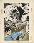  1960s_(style) 1boy antennae arms_up black_eyes black_hair blue_jacket brown_gloves claws copyright_name eleking energy_gun eyes_in_shadow giant giant_monster gloves gun highres holding holding_gun holding_weapon jacket kaiju kuwata_jirou miclas monster moroboshi_dan official_art painting_(medium) parted_lips retro_artstyle short_hair silhouette third-party_source traditional_media ultra_guard_uniform ultra_series ultraseven_(series) weapon 