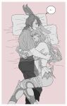  1boy 1girl absurdres animal_ears babydoll blush breasts clenched_teeth closed_eyes commentary_request drill_hair film_grain final_fantasy final_fantasy_xiv greyscale_with_colored_background hetero highres hug korean_commentary korean_text lips long_hair lying medium_breasts medium_hair mole mole_under_mouth on_side panties pillow pink_background pinkteest rabbit_boy rabbit_ears rabbit_girl sleeping teeth thighhighs translation_request underwear viera warrior_of_light_(ff14) 