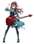  1girl absurdres bang_dream! bang_dream!_girls_band_party! bass_guitar black_choker blue_dress blue_eyes brown_hair choker commentary_request crown dress earrings esp_guitars flower_stand_art full_body green_eyes guitar_strap highres holding holding_bass_guitar holding_instrument imai_lisa instrument jewelry kanade_(kanade_3344) long_hair mini_crown one_eye_closed open_mouth simple_background solo three-quarter_sleeves white_background 