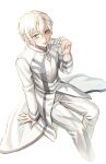  1boy arm_support braid chaldea_logo chaldea_staff_uniform closed_mouth coat commentary cropped_legs fate/grand_order fate_(series) from_above grey_eyes grey_trim hair_between_eyes hair_over_shoulder hand_up highres holding_own_hair lips long_hair long_sleeves looking_at_viewer looking_up male_focus marisbury_animusphere pants simple_background single_braid sitting solo tajjang_(mxmm1t) white_background white_coat white_hair white_pants 