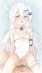 1boy 1girl :o absurdres arm_strap blue_archive blue_eyes blue_ribbon blush breasts censored clothing_aside colored_eyelashes commentary_request cowgirl_position cum cum_in_pussy detached_collar gradient_eyes hair_between_eyes hair_ornament halo heavy_breathing hetero highleg highleg_one-piece_swimsuit highres holster kenzenchan18 long_hair long_single_sidelock looking_at_viewer mosaic_censoring multicolored_eyes one-piece_swimsuit open_mouth orca_hair_ornament partial_commentary penis pov pussy ribbon sayuri_(blue_archive) sex small_breasts solo_focus straddling swimsuit swimsuit_aside thigh_holster thigh_strap vaginal white_eyelashes white_hair white_halo white_one-piece_swimsuit x_hair_ornament 