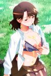  1girl blue_bra blush bra bra_pull breasts brown_eyes brown_hair brown_shorts clothes_pull cream earrings game_asset jewelry kaori_(super_real_mahjong) large_breasts long_sleeves navel nipples official_art on_ground pantyhose see-through_bra see-through_clothes sexually_suggestive shirt short_hair shorts sitting solo suggestive_fluid super_real_mahjong tanaka_ryou unbuttoned unbuttoned_shirt underwear wariza white_shirt 