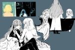  2girls alternate_universe bang_dream! bang_dream!_it's_mygo!!!!! bathtub blush breasts dorsal_fin fins grey_background hair_ribbon head_fins highres in_bathtub lab_coat long_hair long_sleeves looking_at_another merfolk merfolk_out_of_environment mermaid misumi_uika monster_girl monsterification multiple_girls nude open_mouth pankoryo partially_colored purple_eyes ribbon scales sideboob togawa_sakiko yellow_eyes yuri 