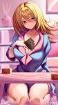 1girl absurdres artist_name blonde_hair blurry blurry_background blush breasts card cleavage commentary_request dark_magician_girl duel_monster green_eyes grin hair_between_eyes heart highres holding holding_card long_hair smile solo table teru_cats yu-gi-oh! 