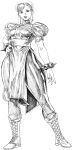  1girl absurdres bangle boots bracelet breasts bun_cover chinese_clothes chun-li commentary_request double_bun dress earrings full_body greyscale hair_bun hand_on_own_hip hatching_(texture) highres jewelry looking_at_viewer matsubara_toshi medium_breasts monochrome parted_lips pearl_earrings pelvic_curtain puffy_short_sleeves puffy_sleeves qipao short_sleeves solo spiked_bracelet spikes standing street_fighter thick_thighs thighs updo white_background 