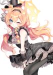  1girl akineki animal_ear_fluff animal_ears black_headband black_overskirt blue_archive blue_eyes cat_ears cat_girl center_frills choker dress flower fluffy_hair frilled_choker frills front-seamed_legwear grey_dress grey_feathers halo hat hat_flower headband highres idol idol_clothes leg_up long_hair looking_at_viewer mari_(blue_archive) mari_(idol)_(blue_archive) mini_hat mini_top_hat official_alternate_costume one_eye_closed orange_hair rose seamed_legwear sleeveless smile standing standing_on_one_leg top_hat v white_background yellow_flower yellow_halo yellow_rose 