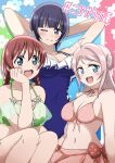  3girls absurdres ahoge aqua_eyes arms_behind_head arms_up asaka_karin bikini black_hair blue_one-piece_swimsuit blush breasts brown_hair cleavage closed_mouth collarbone commentary_request emma_verde green_bikini hand_on_own_cheek hand_on_own_face highres long_hair looking_at_viewer love_live! love_live!_nijigasaki_high_school_idol_club medium_breasts multiple_girls navel one-piece_swimsuit one_eye_closed open_mouth pink_bikini pink_hair smile stomach swimsuit wewekoyotoru zhong_lanzhu 