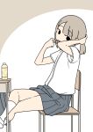  1girl backpack bag bottle brown_background brown_hair chair commentary_request desk grey_skirt hair_tie holding holding_hair_tie juukyuu looking_at_viewer low_twintails on_chair original parted_lips pleated_skirt school_chair school_desk school_uniform shirt short_sleeves skirt solid_circle_eyes solo twintails two-tone_background tying_hair unworn_backpack unworn_bag white_background white_shirt 