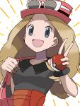  1girl bag black_shirt commentary_request excited eyewear_on_headwear grey_eyes hat highres holding holding_poke_ball long_hair looking_at_viewer maru1maru_010 official_style open_mouth poke_ball pokemon pokemon_x_and_y red_bag red_hat serena_(pokemon) shirt solo sugimori_ken_(style) upper_body v white_background 