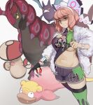  1girl absurdres amoonguss animal_ears asymmetrical_legwear bat_(animal) bat_ears black_eyes bow bracelet breasts bug centipede clothes_lift collared_shirt colored_sclera commentary crobat dot_pupils drill_hair drill_sidelocks eyeshadow flipped_hair fur_jacket galarian_slowpoke hair_bow hairband half-closed_eyes highres holding holding_poke_ball horns jacket jewelry klara_(pokemon) large_breasts lifting_own_clothes lipstick makeup mismatched_legwear mole mole_under_mouth multicolored_thighhighs mushroom navel pink_eyeshadow pink_hair pink_lips poison_type_theme_(pokemon) poke_ball poke_ball_(basic) pokemon pokemon_(creature) pokemon_sword_and_shield pokemon_team print_shirt print_shorts purple_eyes qmerlem scolipede shaded_face shirt shirt_lift short_hair shorts side_slit side_slit_shorts sidelocks slit_pupils smile teeth thighhighs two-tone_shirt two-tone_shorts two-tone_thighhighs white_bow white_hairband yellow_sclera 