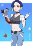  1girl absurdres armband bare_shoulders black_armband black_choker blue_hair bob_cut breasts brown_eyes camera character_name choker collarbone commentary_request crop_top denim dipplin gradient_hair grey_shirt hands_up highres holding holding_camera index_finger_raised jeans lipstick loose_hair_strand makeup medium_breasts midriff multicolored_hair off-shoulder_shirt off_shoulder otamajack pants perrin_(pokemon) pokemon pokemon_(creature) pokemon_scarlet_and_violet ribbed_shirt shirt short_hair sleeveless sleeveless_shirt solo_focus undershirt v-neck watch white_nails wristwatch 