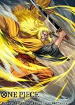  1boy black_shirt blonde_hair cigar commentary_request copyright_logo copyright_name copyright_notice dual_wielding fighting_stance hakama hakama_pants holding holding_sword holding_weapon japanese_clothes kinjishi_no_shiki logo long_hair looking_at_viewer male_focus mouth_hold official_art one_piece one_piece_card_game open_mouth pants red_sash sash sennsu shirt solo sword teeth_hold weapon yellow_hakama 