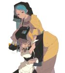  2girls 4qw5 absurdres alternate_costume apron aqua_hair black_apron black_dress blonde_hair breast_rest breasts breasts_on_head commentary_request dress from_behind hands_on_another's_shoulders haniyasushin_keiki headscarf highres huge_breasts jewelry joutouguu_mayumi long_hair long_sleeves magatama magatama_necklace maid maid_apron medium_hair multiple_girls necklace one_eye_closed short_sleeves touhou twitter_username white_background yellow_dress 