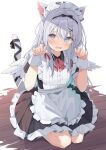  1girl absurdres animal_ears apron black_dress black_hairband blue_eyes blush bow bow_hairband bowtie cat_ears cat_girl cat_tail claw_pose commentary_request commission dress enmaided feathered_wings frilled_apron frills full_body hair_between_eyes hair_ornament hairband heterochromia highres indie_virtual_youtuber looking_at_viewer maid maid_apron maid_headdress multi-source_commentary open_mouth parted_hair purple_eyes raised_inner_eyebrows red_bow red_bowtie ribbon short_dress skeb_commission small_sweatdrop solo sonoji sorashi_purumu tail tail_ornament tail_raised tail_ribbon virtual_youtuber waist_apron white_wings wings wooden_floor wrist_cuffs x_hair_ornament 